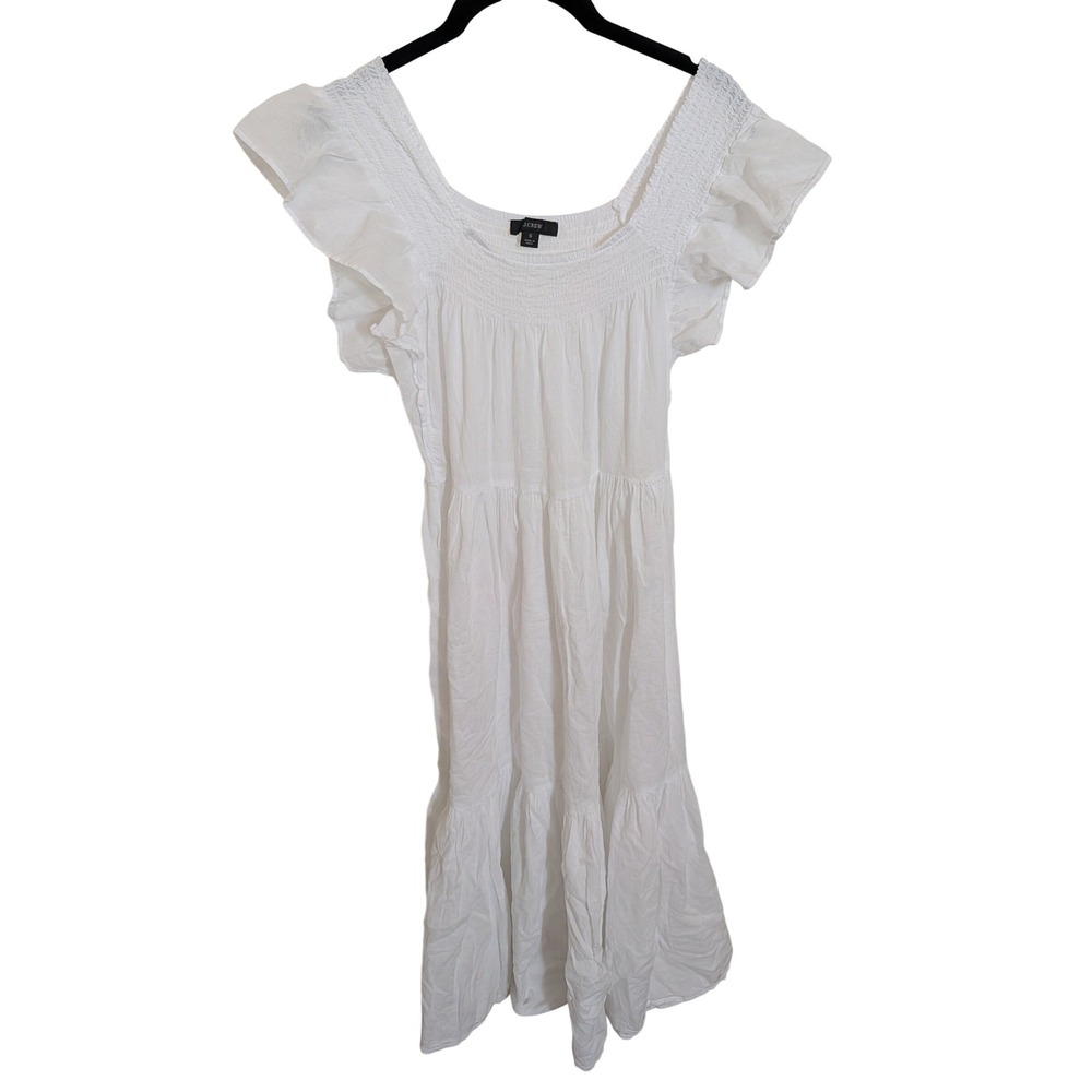 J.Crew White 100% Cotton Smocked Tiered Ruffle Sleeve Midi Dress cover up Small